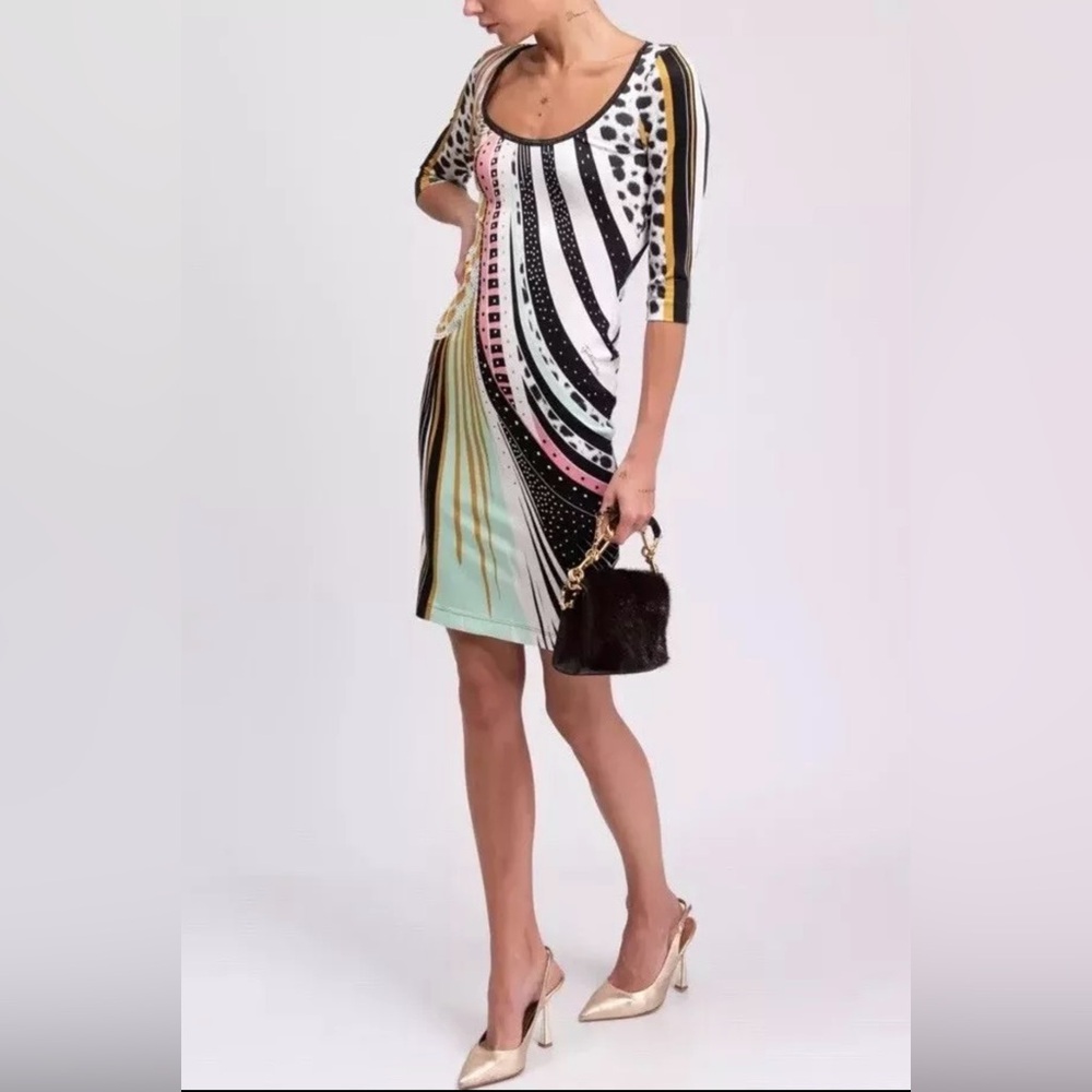 JUST CAVALLI Print Fantasy Midi Dress IT42 / US M 3/4 Sleeve Art NWT